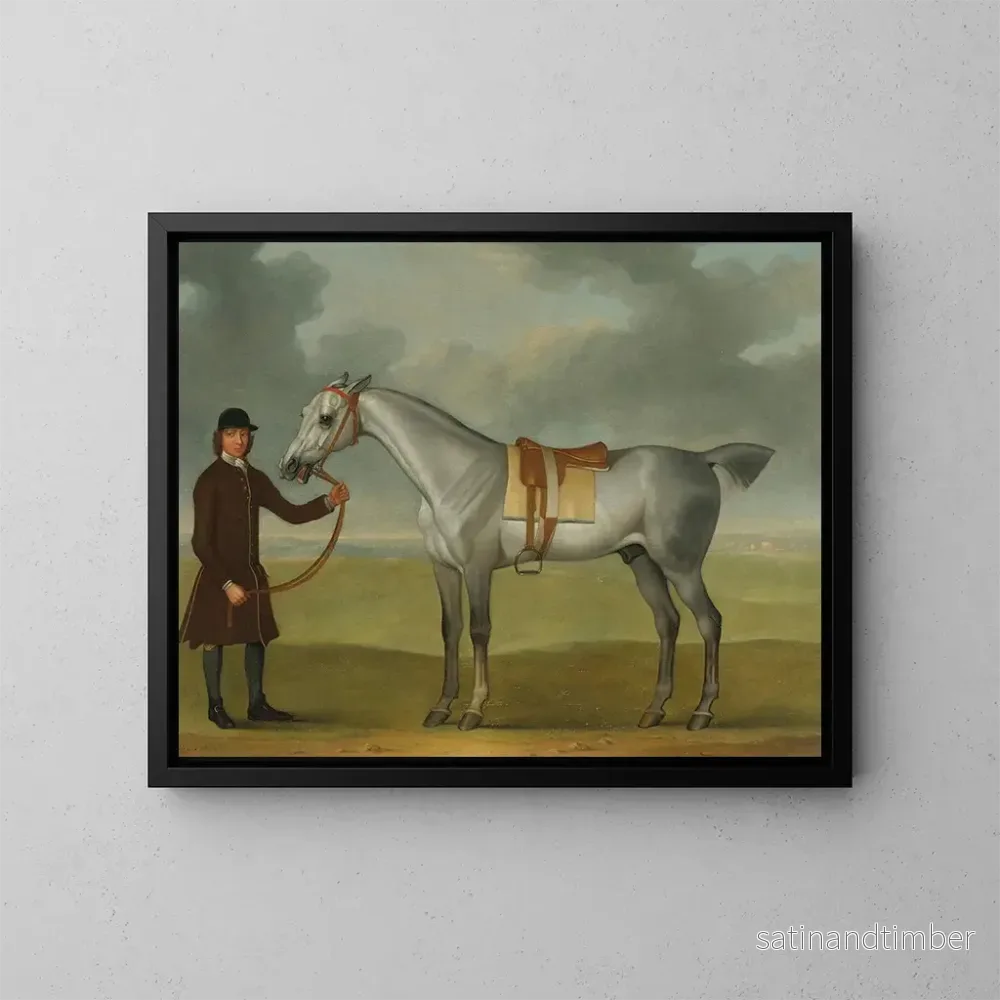 Reproduktion av målningen M. Thomas Panton och en grå tävlingshäst hålls av en groom på Newmarket Heath - James Seymour