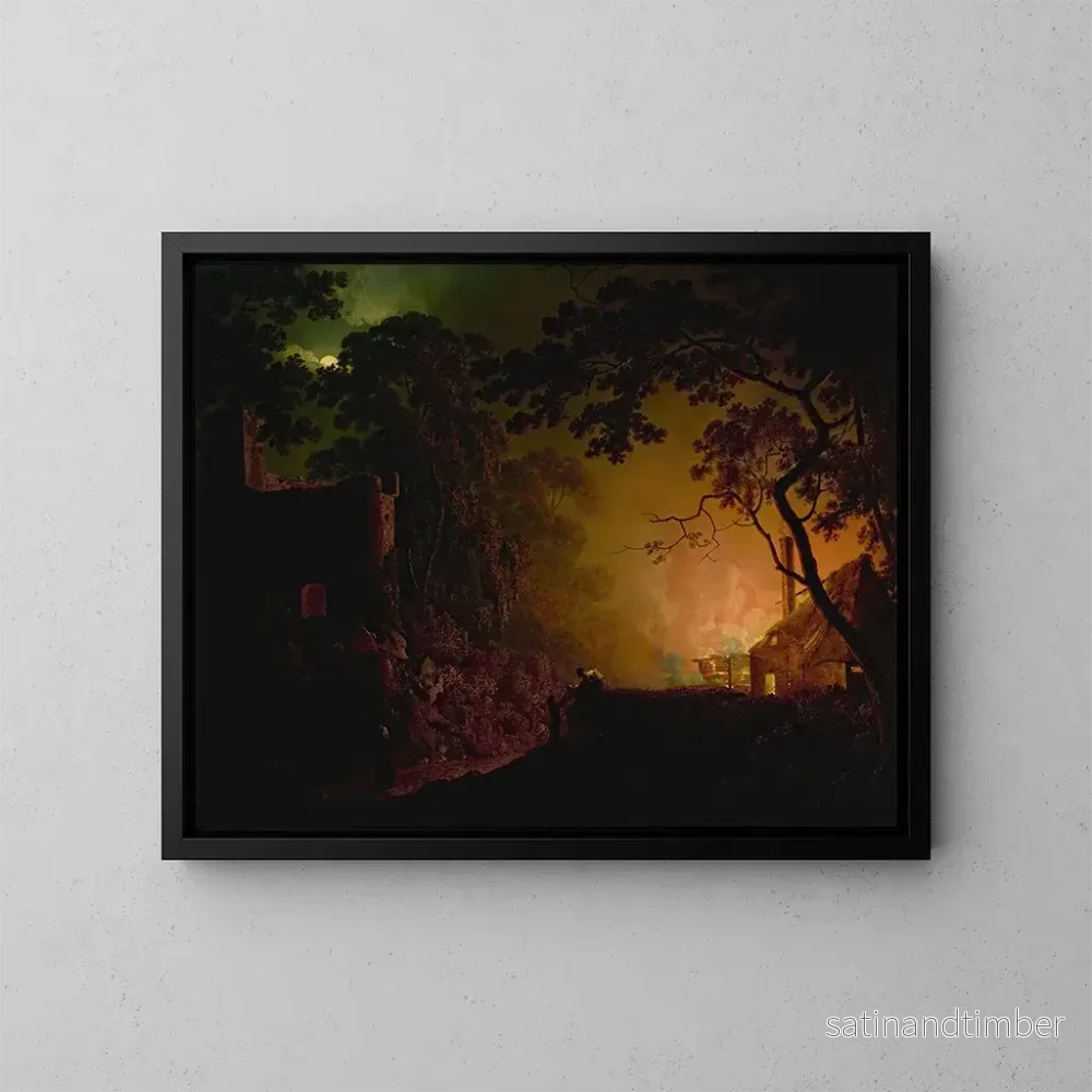 Reproduktion av målningen En brinnande stuga på natten - Joseph Wright de Derby