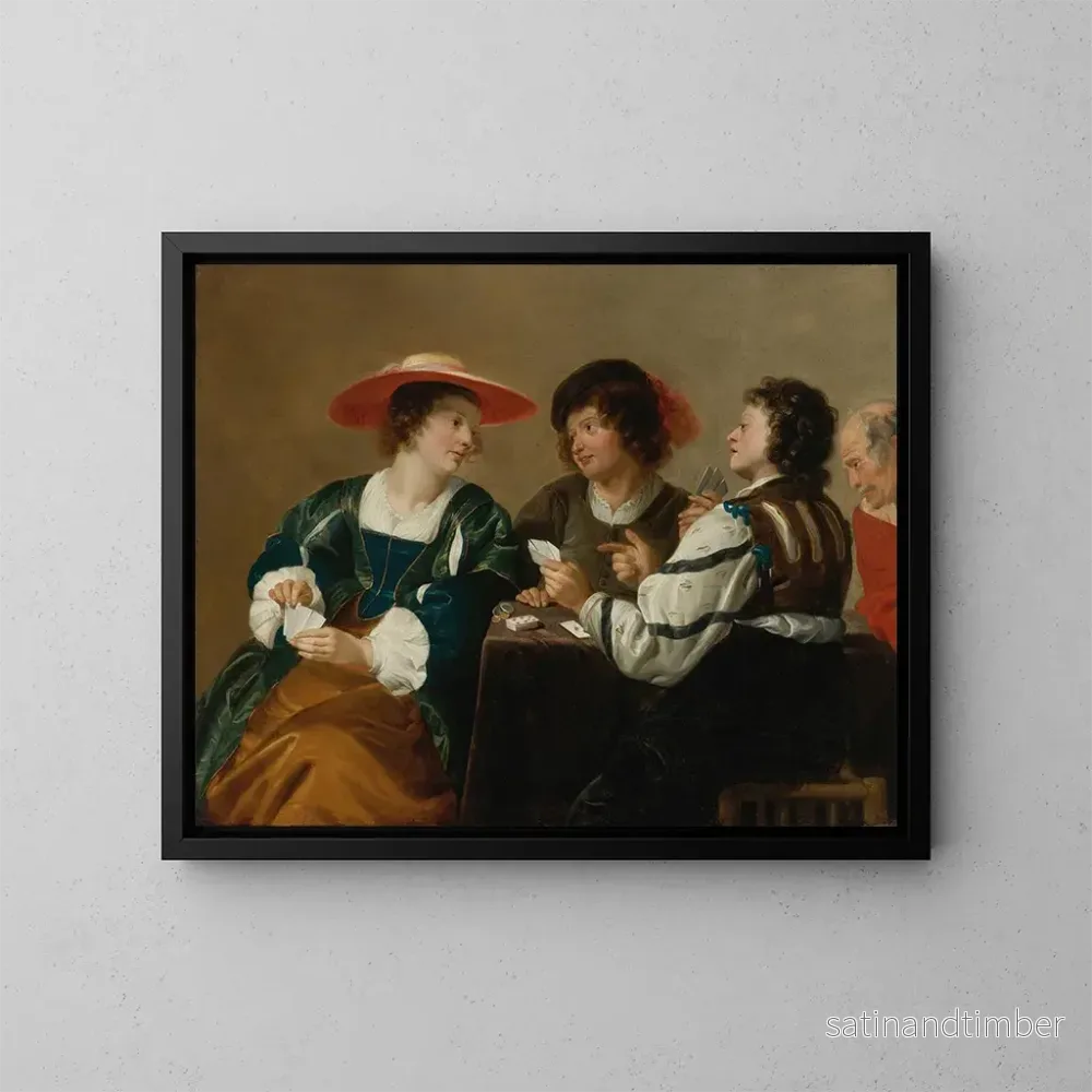 Reproduktion av målningen En kvinna och tre män som sitter runt ett bord och spelar kort - Theodoor Rombouts