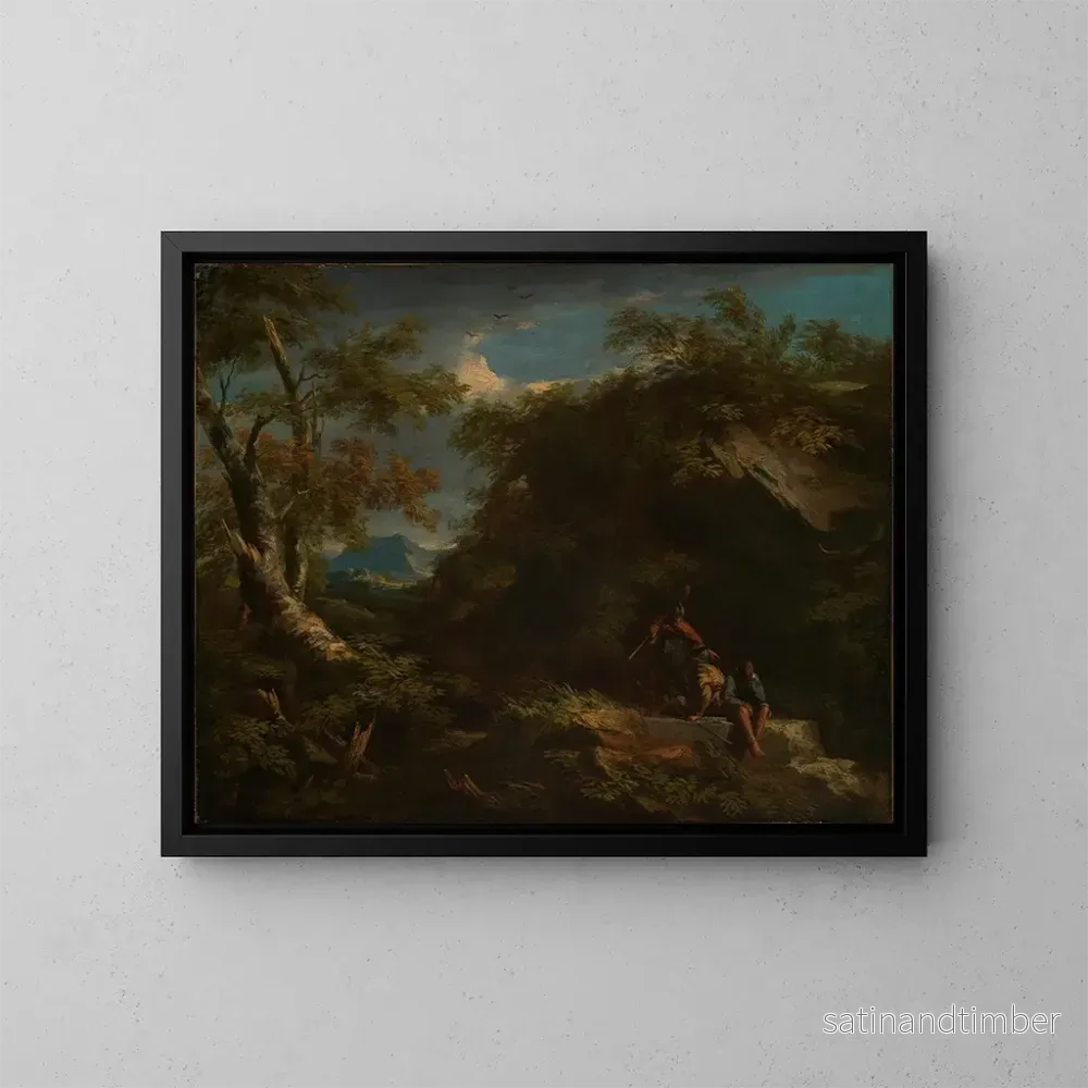 Reproduktion av målningen Landskapslandskap med berg och soldater som vilar - Salvator Rosa