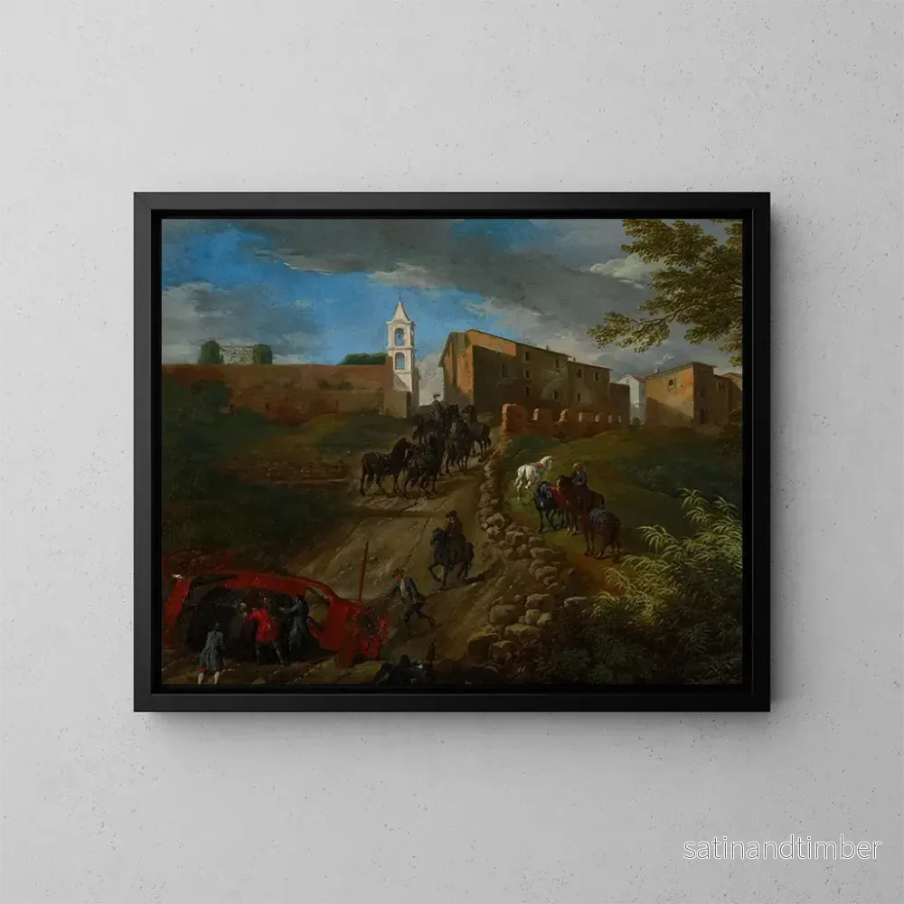 Reproduktion av målningen av coachar och resenärer vid Madonna del Riposo nära Rom - Pieter van Bloemen