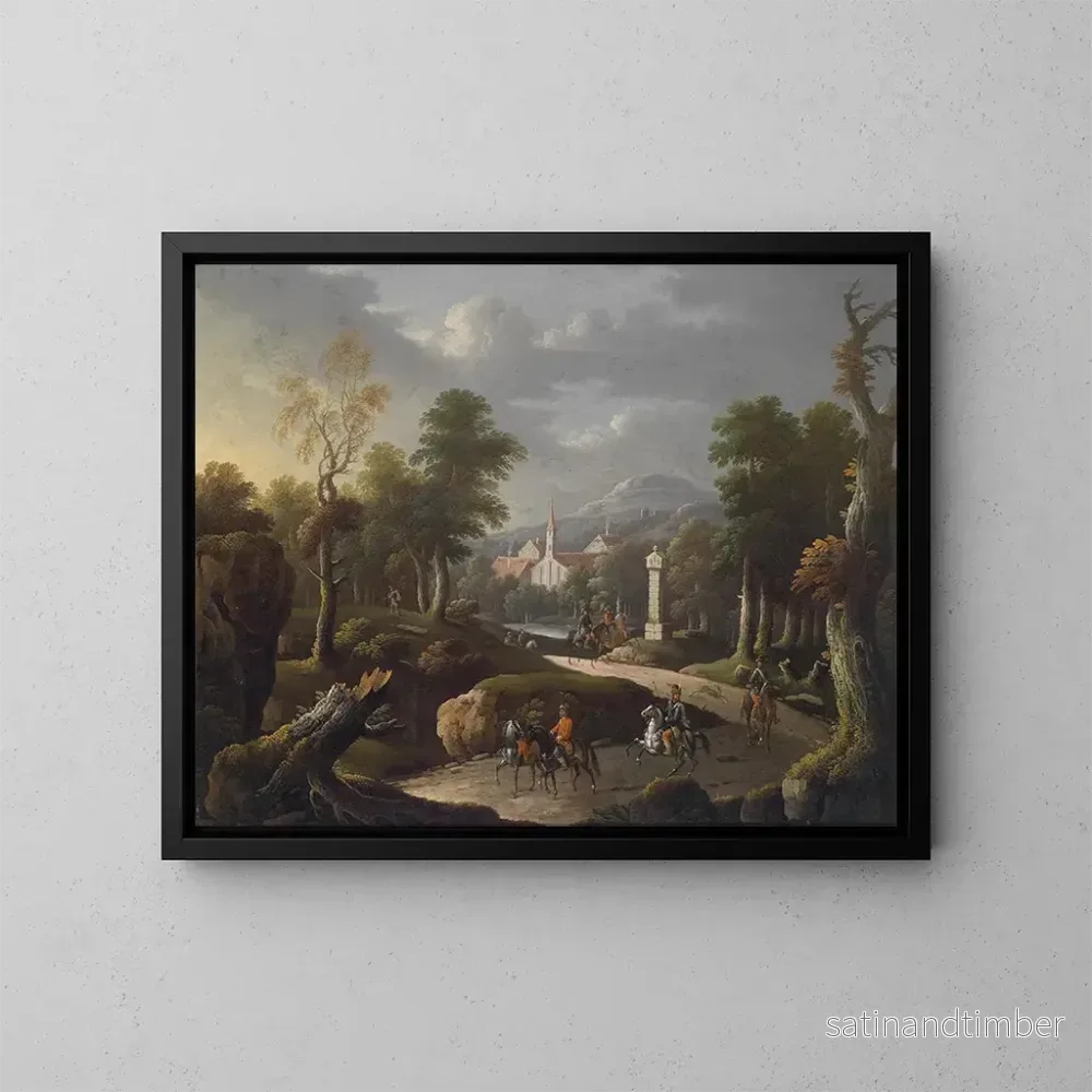 Reproduktion av målningen landskapsbild med berg och resenärer - Johann Georg von Bemmel