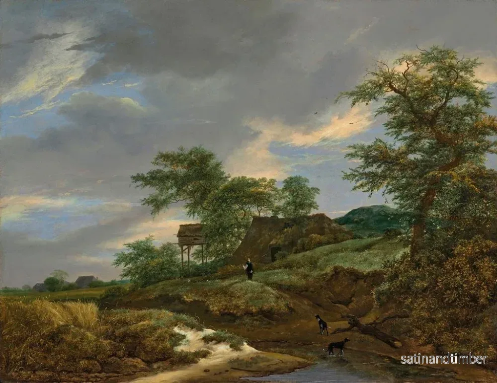 Reproduktion av målningen av ett skogigt landskap med en man och två hundar på en väg, en stuga i fjärran - Jacob van Ruisdael - Bild 2