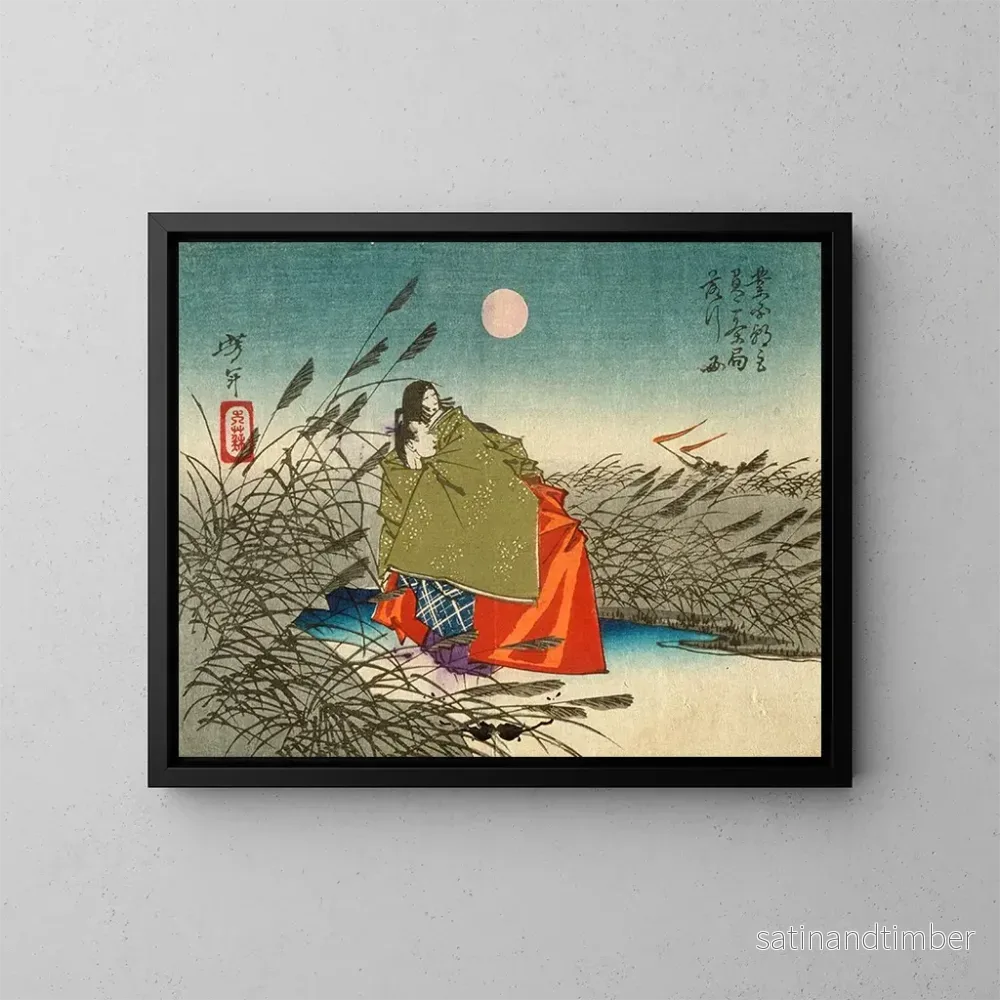 Reproduktion av målningen Narihira och Nij no Tsubone vid Fuji-floden - Tsukioka Yoshitoshi