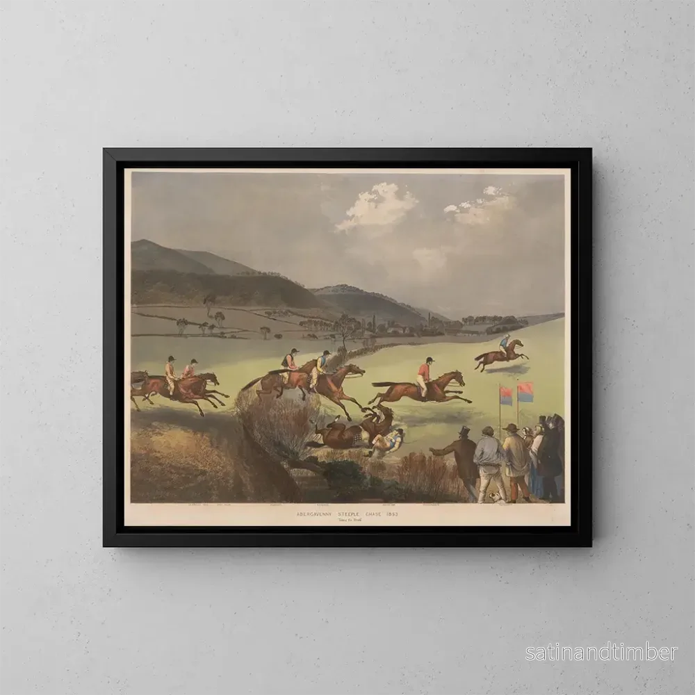 Reproduktion av målningen La course de steeple d'Abergavenny prenant le ruisseau Ma chérie la nonne Pape médecin général Laboureur de Thurgarton - Charles Denton
