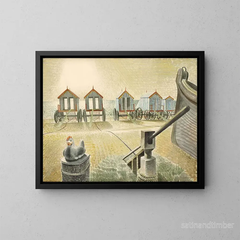 Reproduktion av målningen av badmaskiner i Aldeburgh - Eric Ravilious