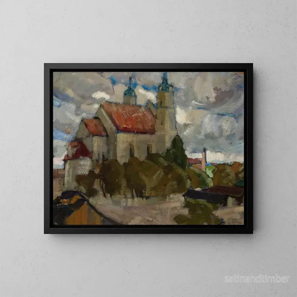 Reproduktion av målningen av kyrka bland träden - Michał Rouba