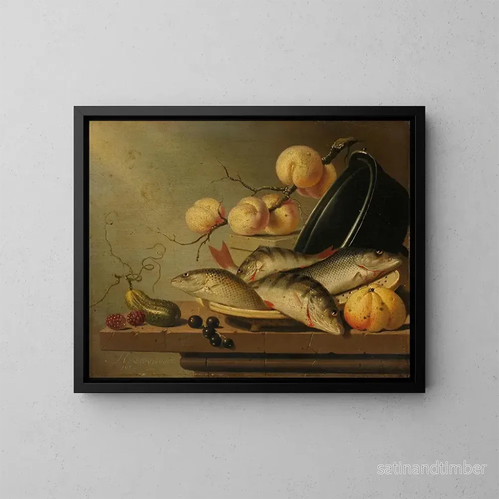 Reproduktion av målningen av naturtavla med fisk och frukt - Harmen Steenwijck