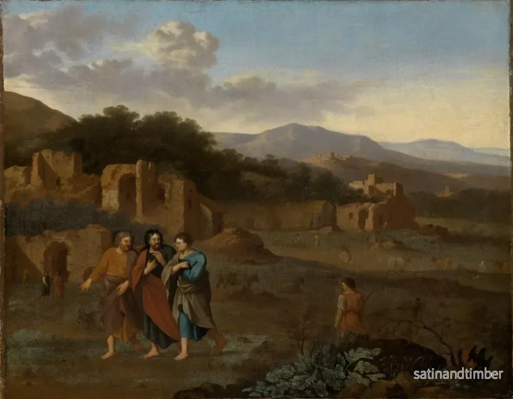 Reproduktion av målningen av italiensk bergslandskap med Kristus och de två lärjungarna på väg till Emmaus - Cornelis van Poelenburg - Bild 2