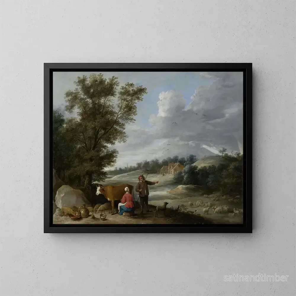 Reproduktion av målningen Landskap med mjölkerska och herde – David Teniers den yngre Reproduktion av målningen Landskap med mjölkerska och herde – David Teniers den yngre