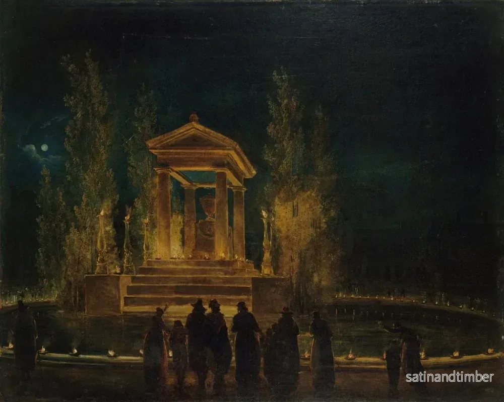 Reproduktion av målningen Le mausolée provisoire de Jean-Jacques Rousseau sur le bassin des Tuileries avant la translation de ses cendres au Panthéon, nuit du 10 au 11 octobre 1794 - Hubert Robert - Bild 2