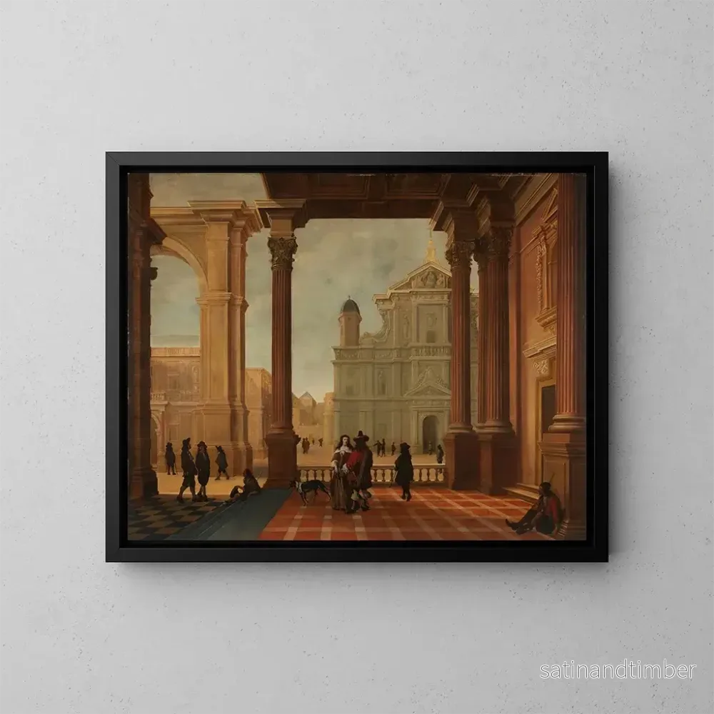 Reproduktion av målningen En arkitektonisk fantasi med eleganta figurer och en kyrka i fjärran - Bartholomeus van Bassen