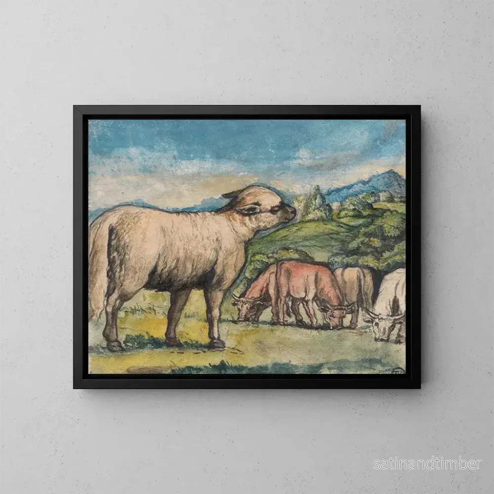Reproduktion av målningen av lamm och oxar i ett pastoral landskap - Edward Calvert