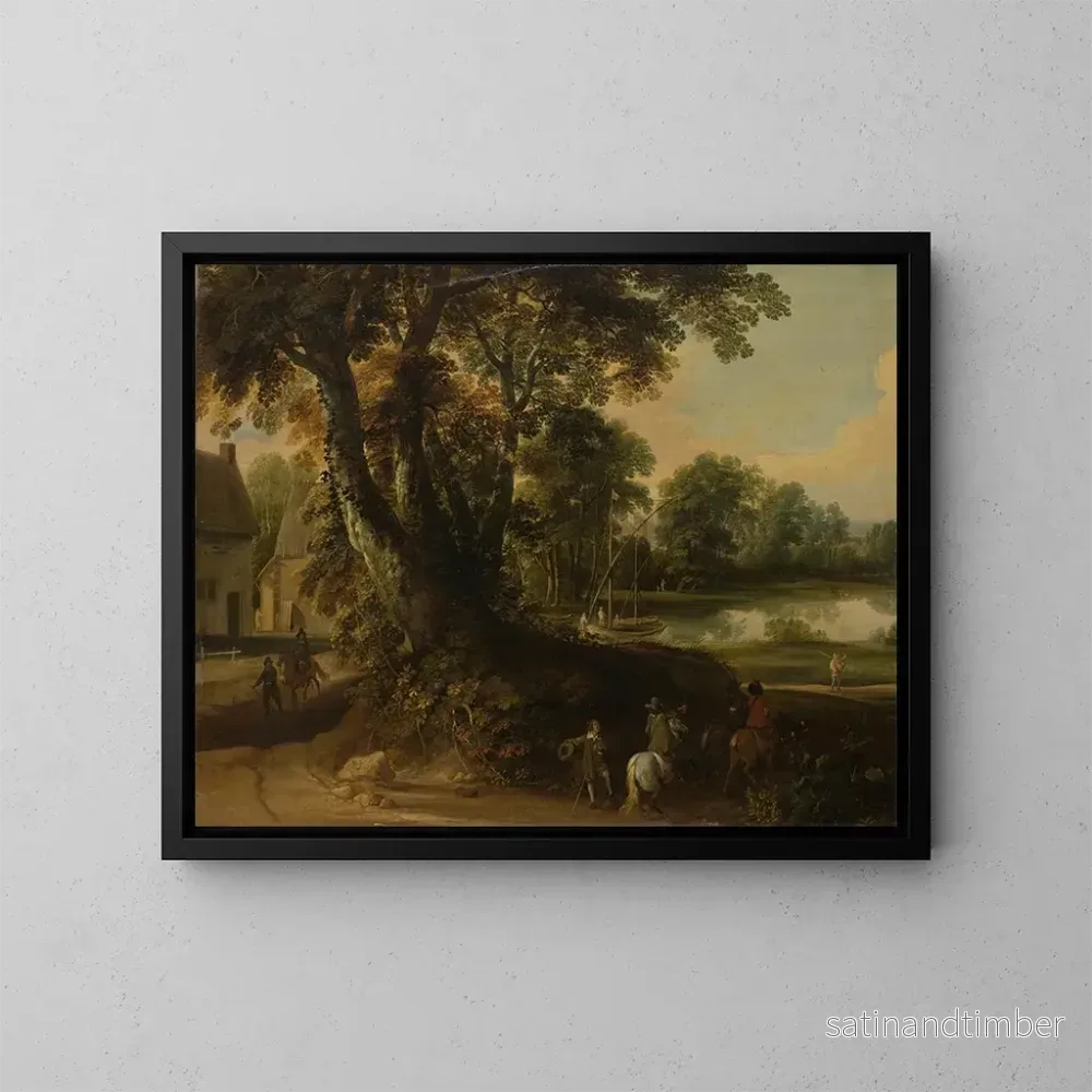 Reproduktion av målningen Landskap med en grupp träd vid en sjö, tre ryttare på vägen i förgrunden – Jacques d’Arthois Reproduktion av målningen Landskap med en grupp träd vid en sjö, tre ryttare på vägen i förgrunden – Jacques d’Arthois