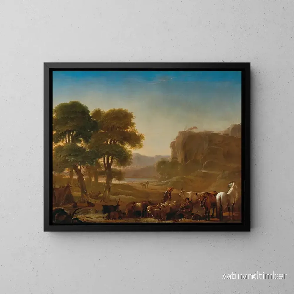 Reproduktion av målningen En vy över det romerska landskapet med herdar som vilar med sitt boskap - Pieter van Laer