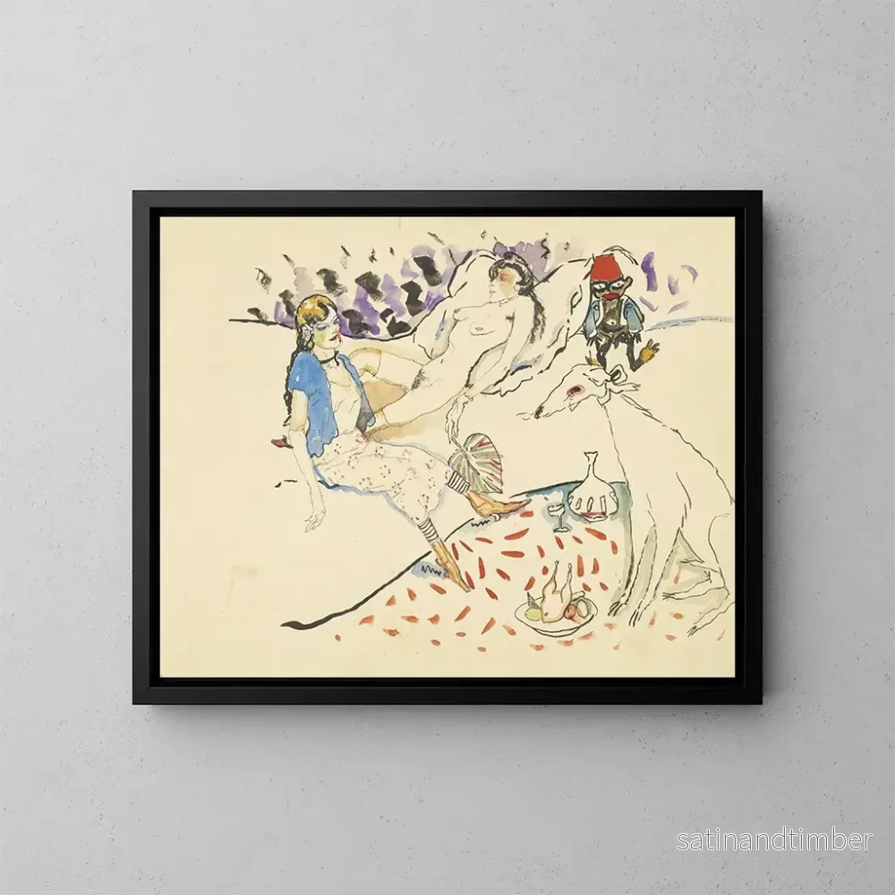 Reproduktion av målningen av kvinna med sin hund och naken - Jules Pascin