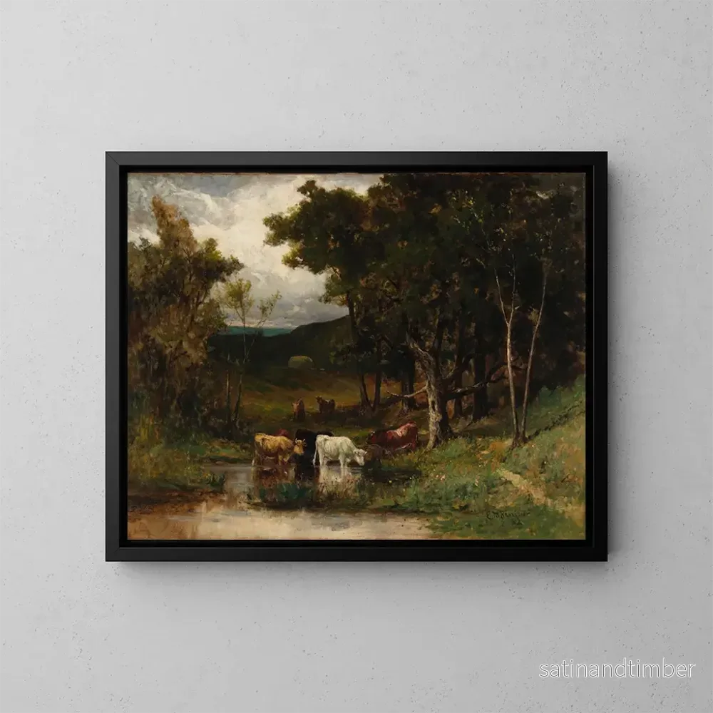 Reproduktion av målningen av landskap utan titel med kor i en bäck nära träden - Edward Mitchell Bannister