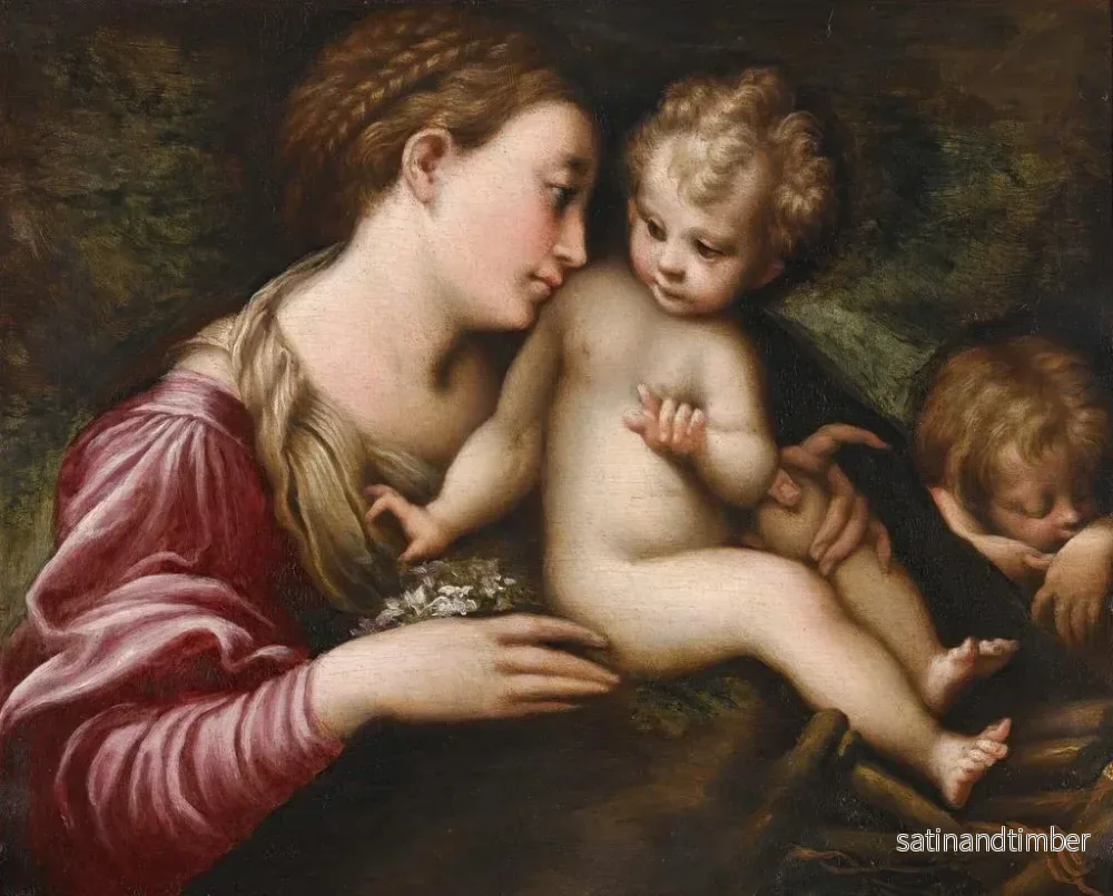 Reproduktion av målningen La Vierge à l'Enfant avec saint Jean-Baptiste endormi - Ecole de Parmigianino - Bild 2