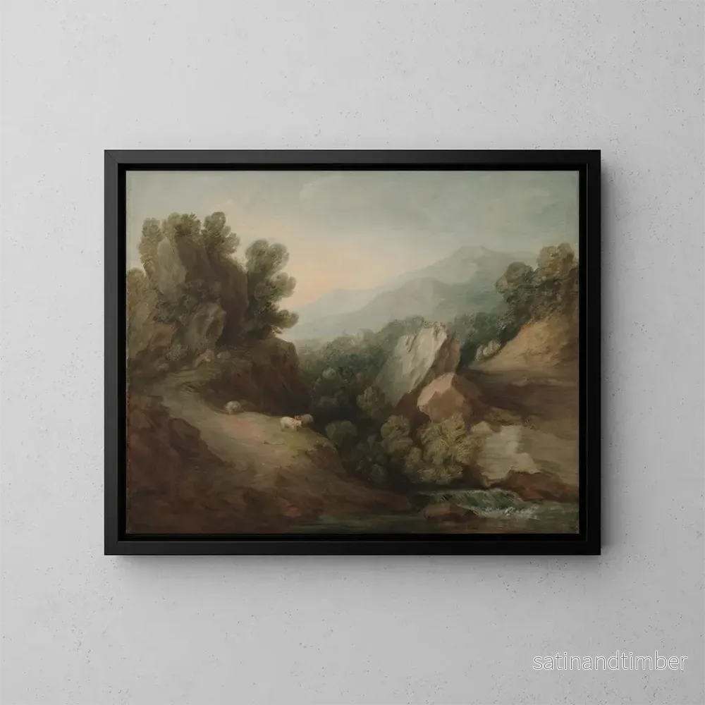 Reproduktion av målningen landskapsbild med skog, klippor, dal och damm - Thomas Gainsborough