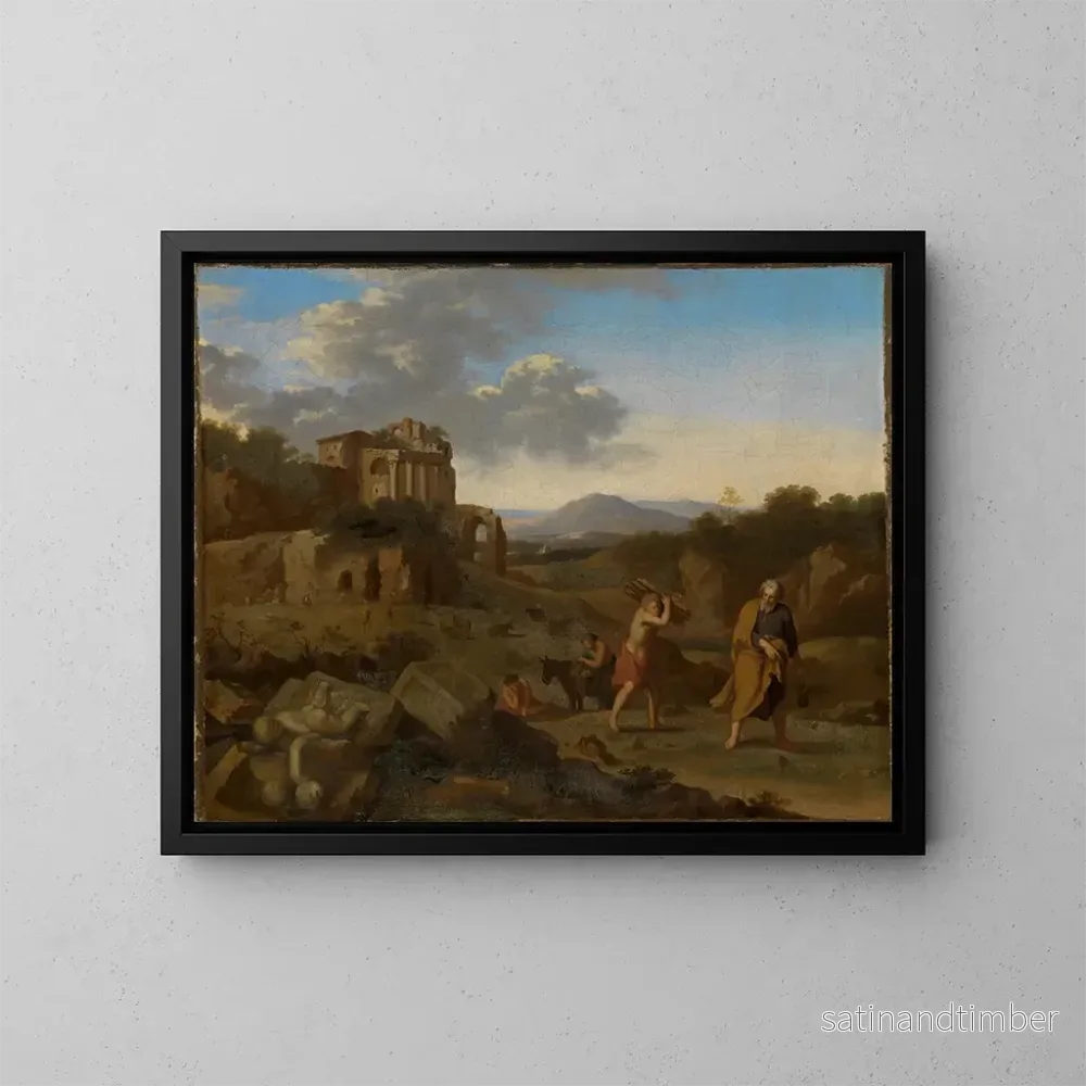 Reproduktion av målningen av italiensk bergslandskap med Abraham och Isak på väg till offret – Cornelis van Poelenburg Reproduktion av målningen av italiensk bergslandskap med Abraham och Isak på väg till offret – Cornelis van Poelenburg