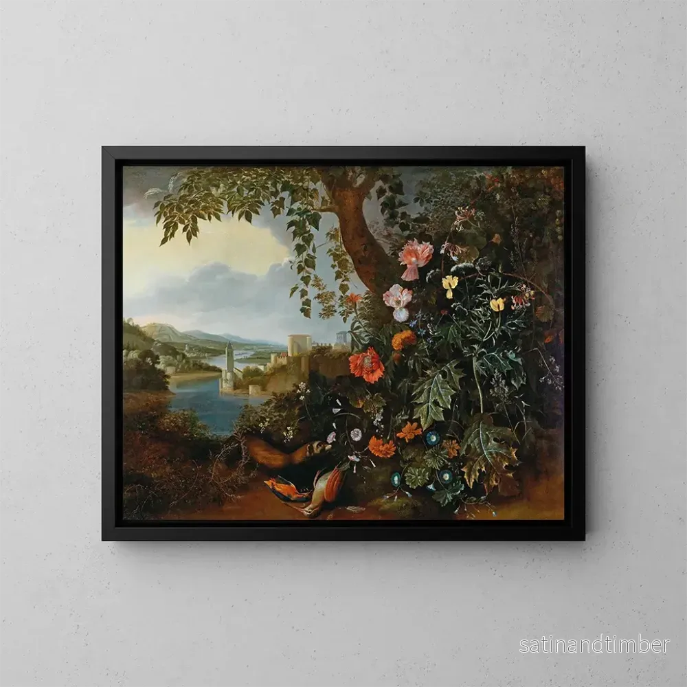 Reproduktion av målningen En landskap med blommor och en mård- och fågelfälla - Matthias Withoos
