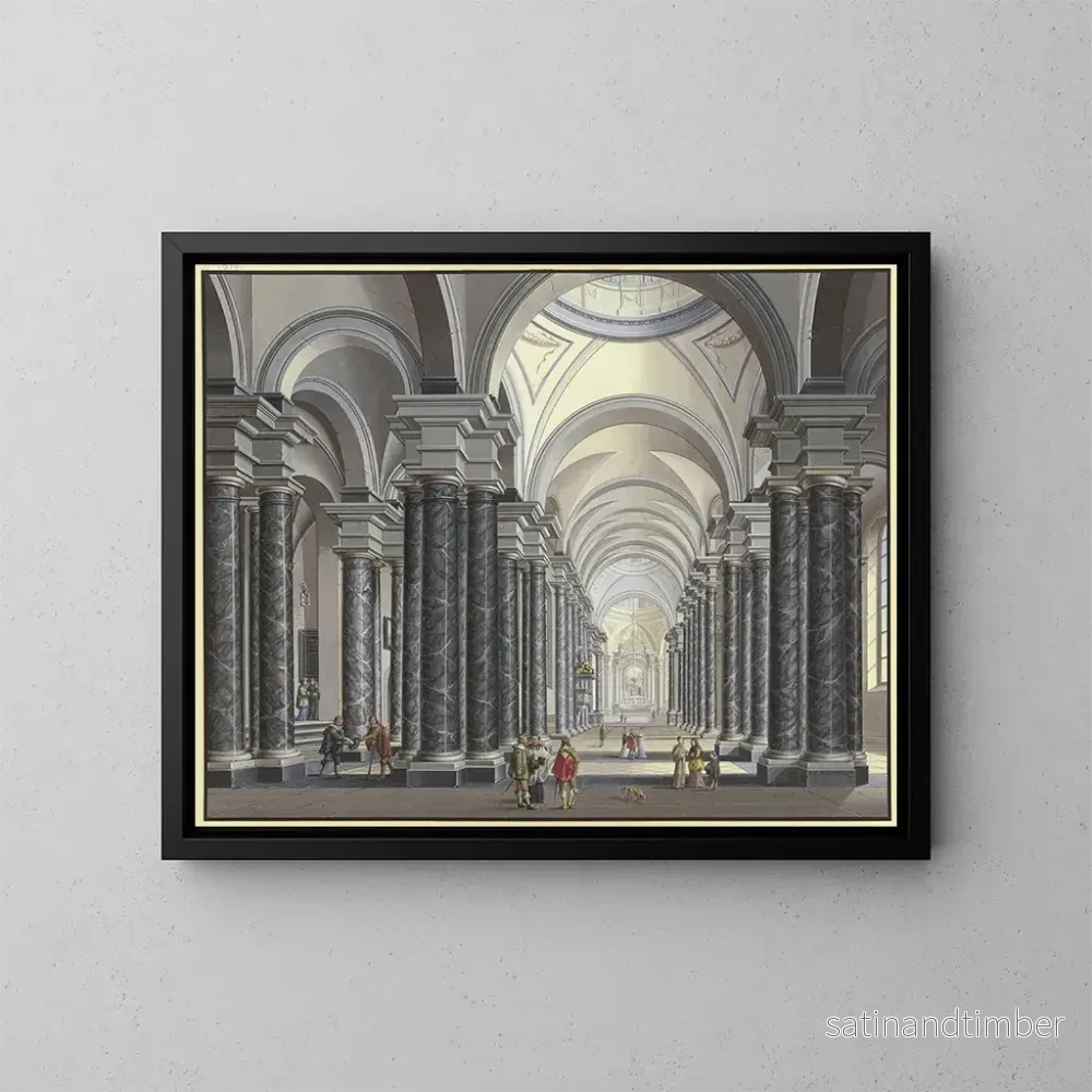 Reproduktion av målningen Utsikt inuti en barock kyrka med kolonner i svart marmor och scenfigurer i 1600-talsdräkt 1790 - Johann Ludwig Ernst Morgenstern