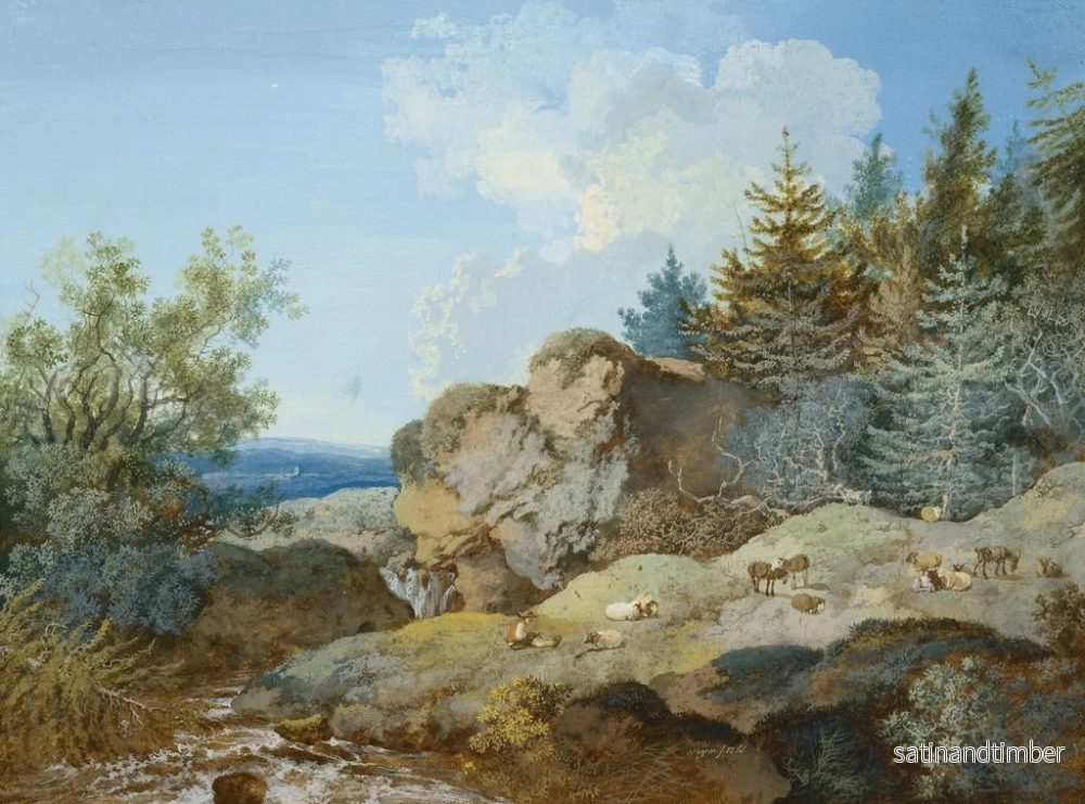 Reproduktion av målningen av ett skogligt landskap i bergen med en hjord och en bäck - Johann Georg Wagner - Bild 2