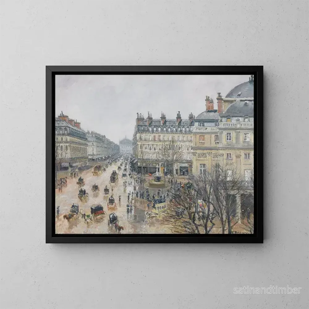 Reproduktion av målningen Place du Théâtre Français, Paris, under regn - Camille Pissarro