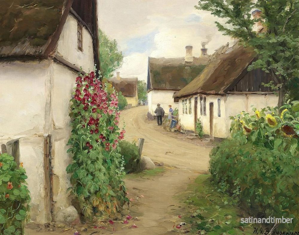 Reproduktion av målningen av Sommardag i en bygata med solrosor och röda stockrosor - Hans Andersen Brendekilde - Bild 2