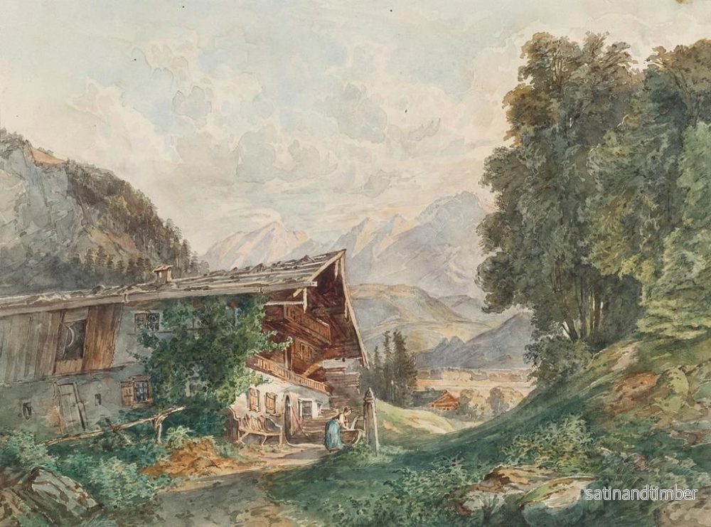 Reproduktion av målningen landskapsalpin med bondgårdshem och kvinna vid brunn - Franz Barbarini - Bild 2