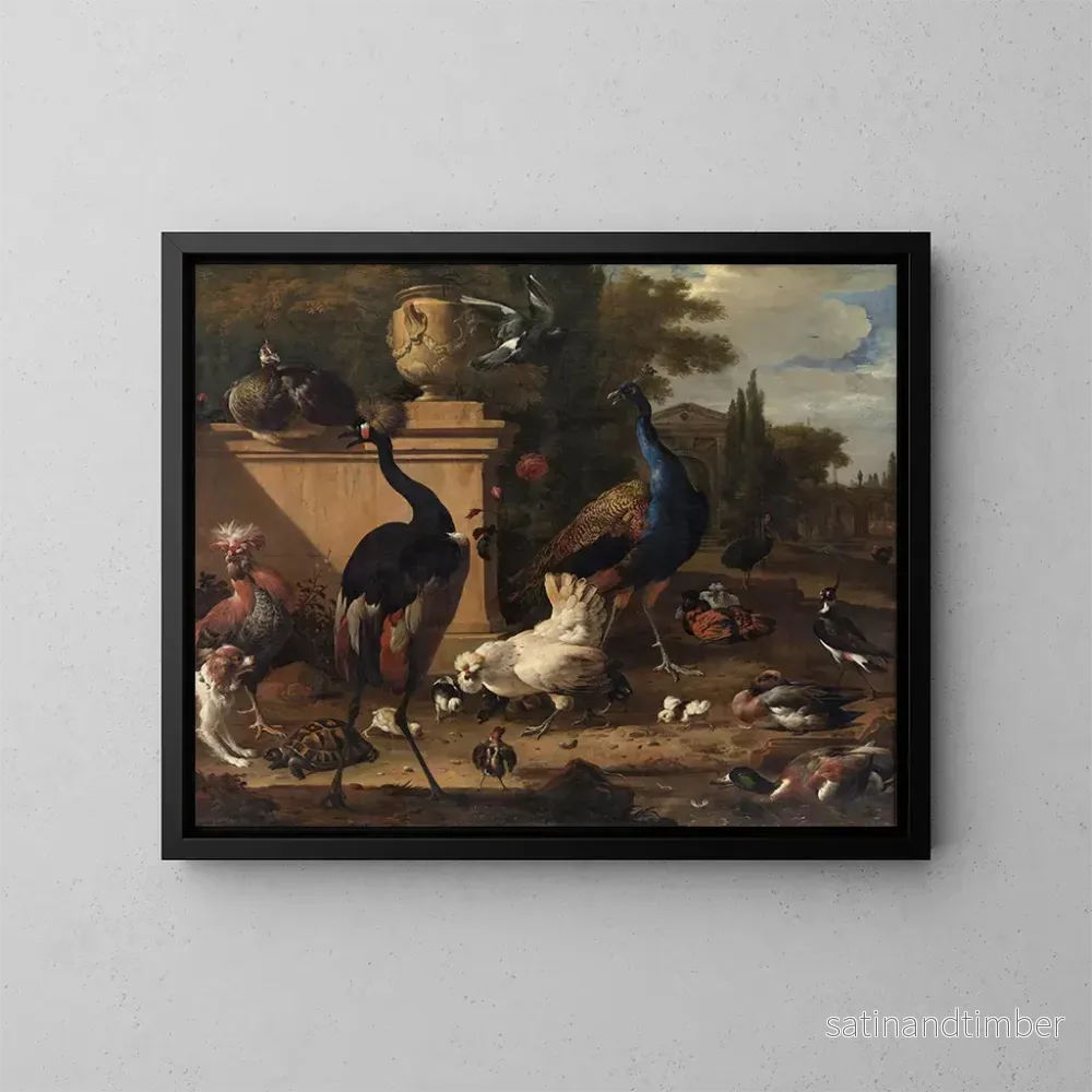 Reproduktion av målningen av den vanliga hönan i ett herrgårdsmiljö - Melchior d'Hondecoeter