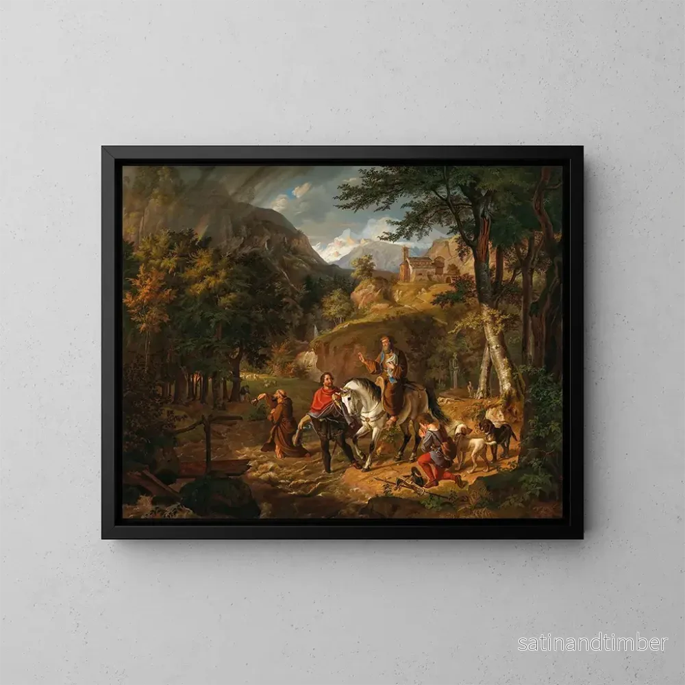 Reproduktion av målningen Rodolphe de Habsbourg guidar en kyrklig person genom en bäck med den Heliga Nattvarden – Friedrich Wilhelm Müller Reproduktion av målningen Rodolphe de Habsbourg guidar en kyrklig person genom en bäck med den Heliga Nattvarden – Friedrich Wilhelm Müller
