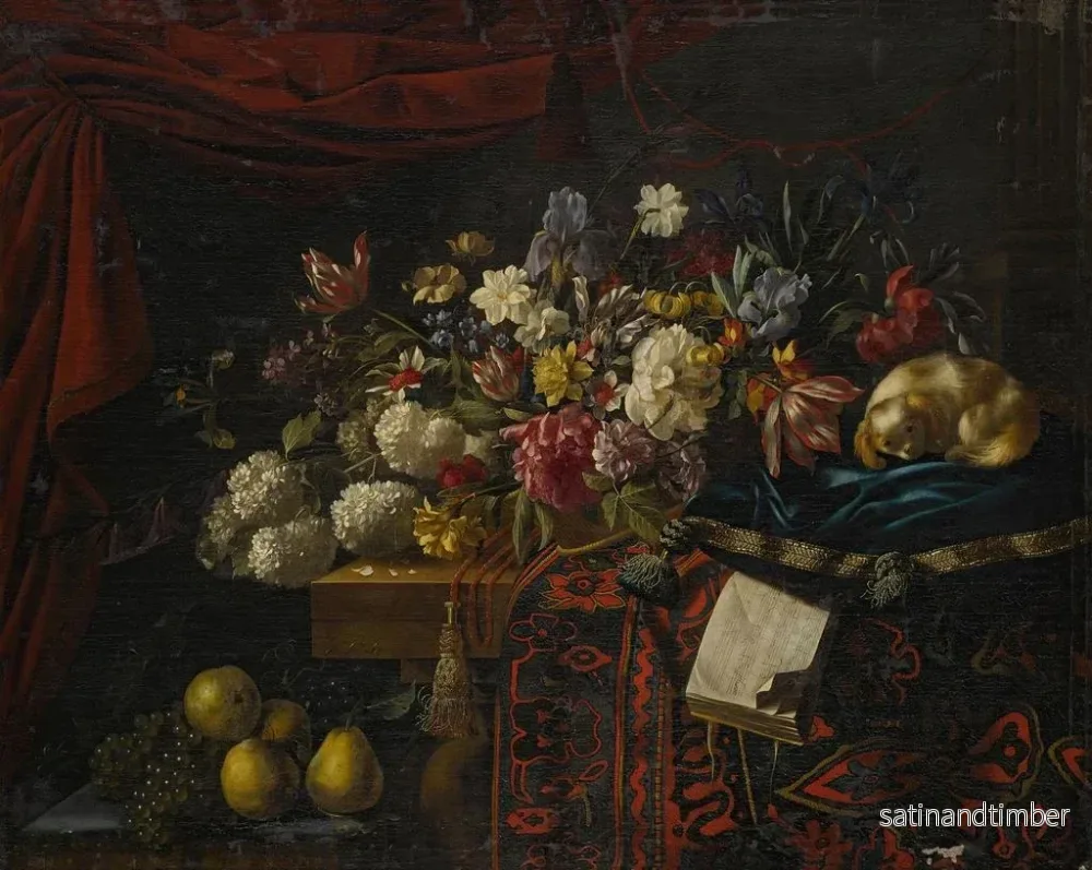 Reproduktion av målningen Naturstilleben av blommor på ett bord med en matta, en musikbok och en hund sittande på en kudde - François Habert - Bild 2