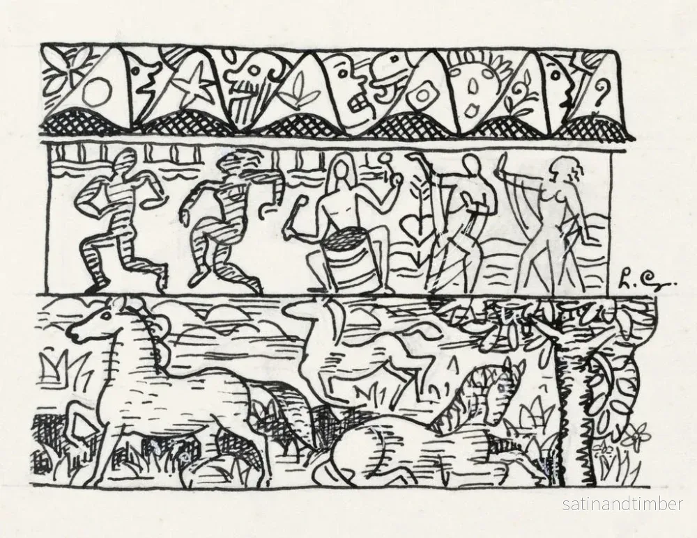 Reproduktion av målningen blad med tre band av bilder av hästar, dansande personer och masker - Leo Gestel - Bild 2