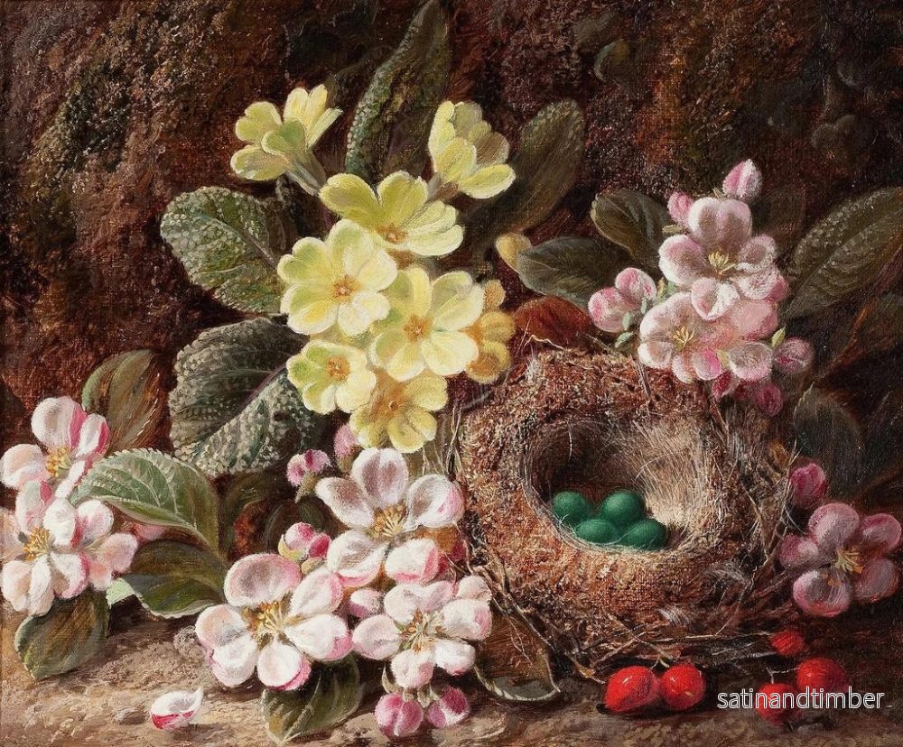 Reproduktion av målningen av stilleben med äppleblommor, förgätmigejer och fågelbo - George Clare - Bild 2
