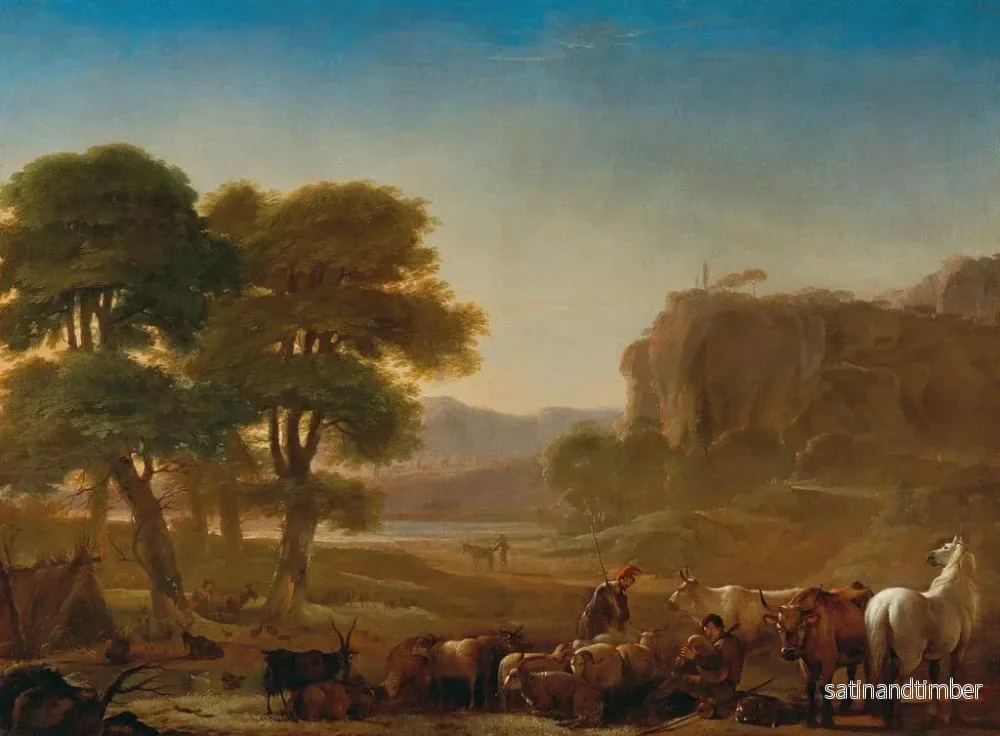 Reproduktion av målningen En vy över det romerska landskapet med herdar som vilar med sitt boskap - Pieter van Laer - Bild 2