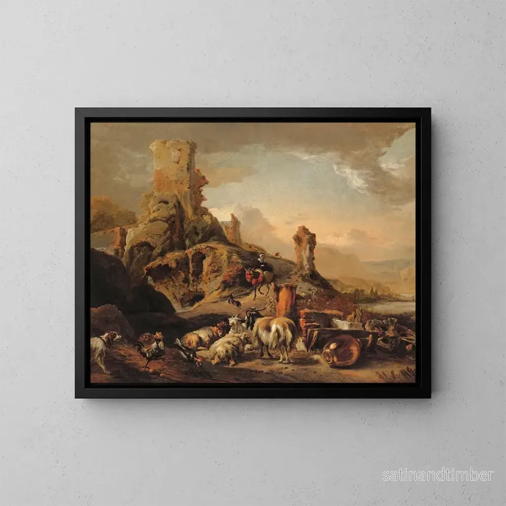 Reproduktion av målningen Bergère et son troupeau sur un chemin - Jan Baptist Weenix