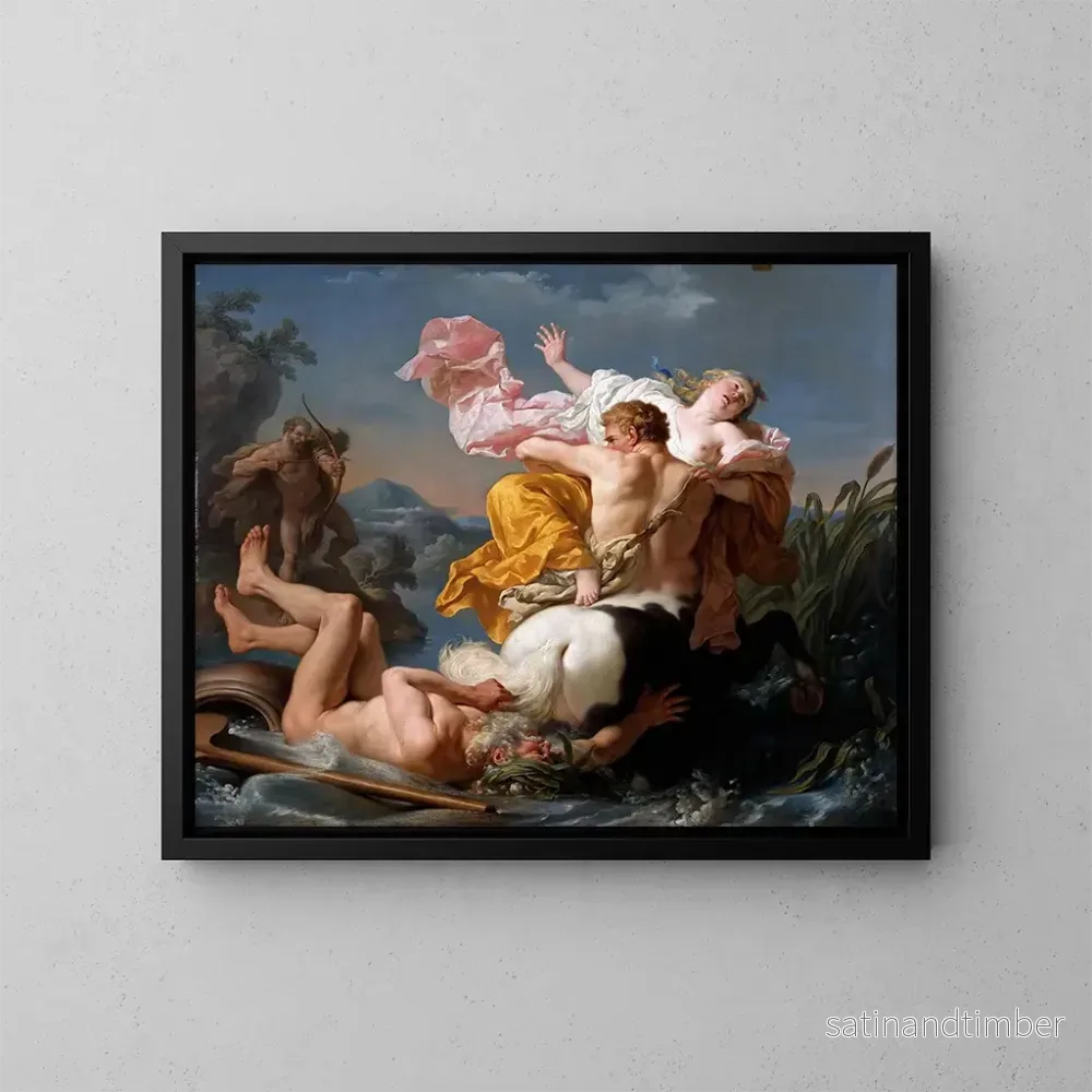 Reproduktion av målningen Låt dig förtrollas av detta magnifika konsttryck av ”L’Enlèvement de Déjanire par le centaure Nessus” av Louis-Jean-François Lagrenée, en mästerlig målning som fångar mytologins essens.