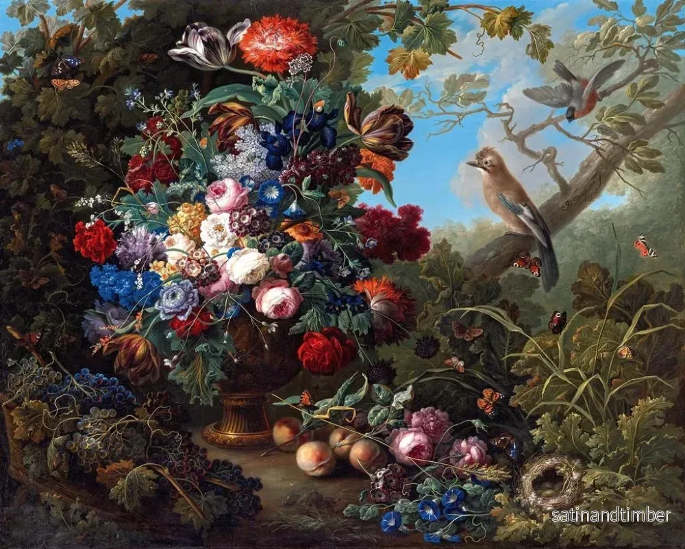 Reproduktion av målningen av stor blomsterstilleben med fåglar - Johann Baptist Drechsler - Bild 2