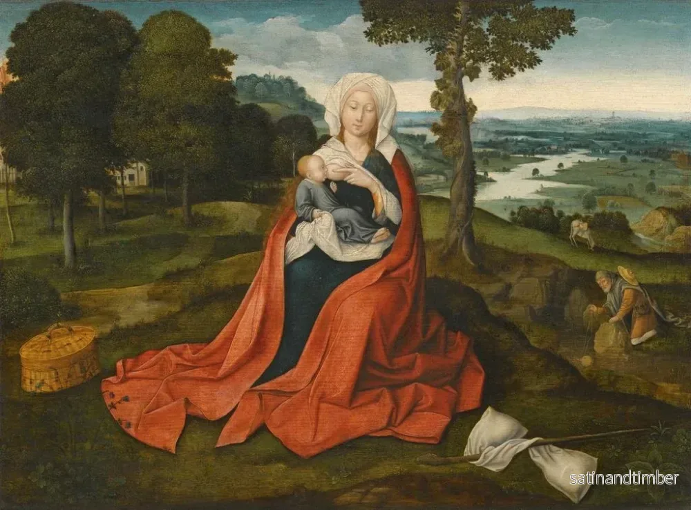 Reproduktion av målningen av den heliga familjen sittande framför ett vidsträckt landskap - Joachim Patinir ateljé - Bild 2