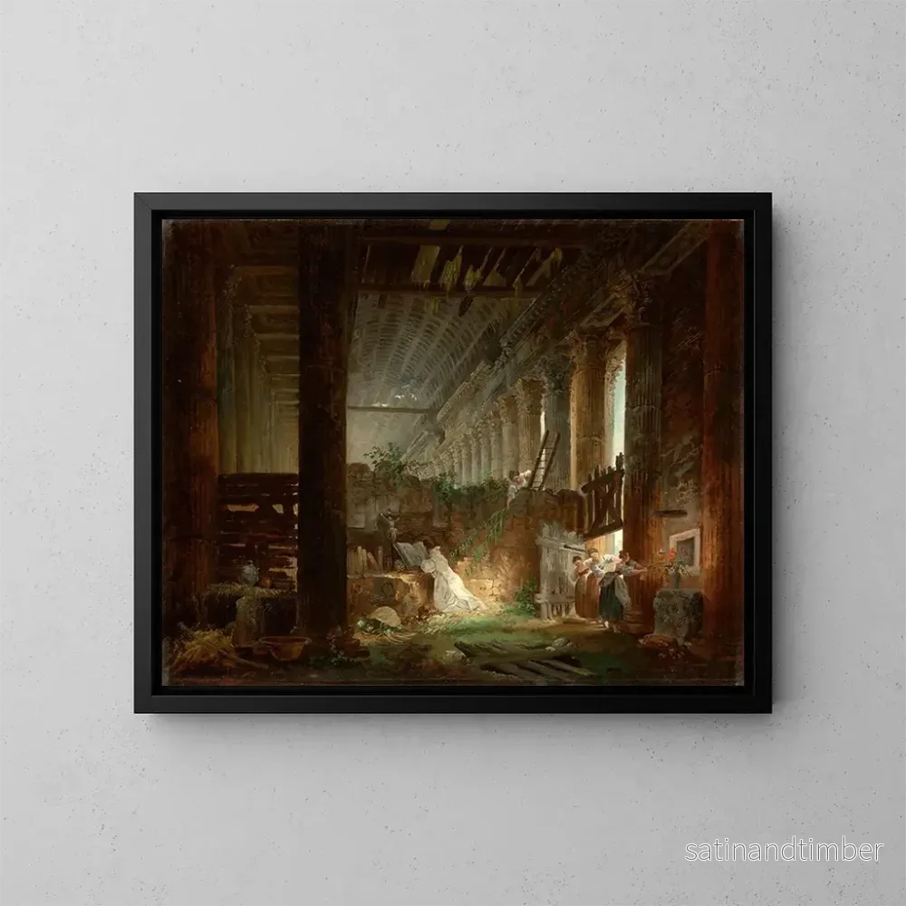 Reproduktion av målningen En eremit som ber i ruinerna av ett romerskt tempel - Hubert Robert