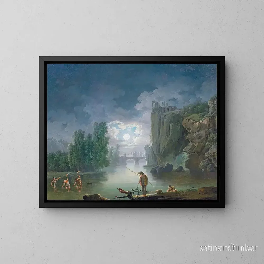 Reproduktion av målningen av ett flodlandskap i månsken med fiskare som arbetar vid facklampa, Vesta-templet i bakgrunden till höger – Francesco Fidanza Reproduktion av målningen av ett flodlandskap i månsken med fiskare som arbetar vid facklampa, Vesta-templet i bakgrunden till höger – Francesco Fidanza