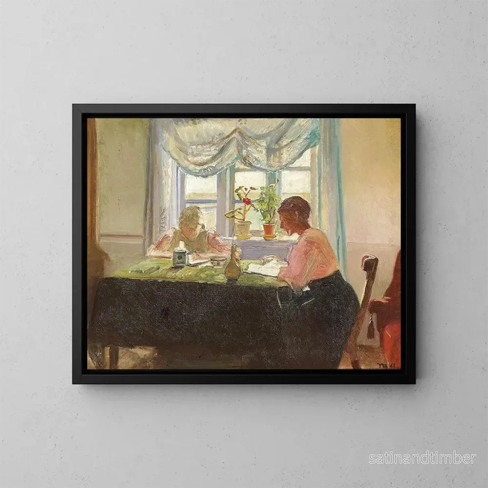 Reproduktion av målningen Läsning av ljuset genom fönstret - Michael Ancher