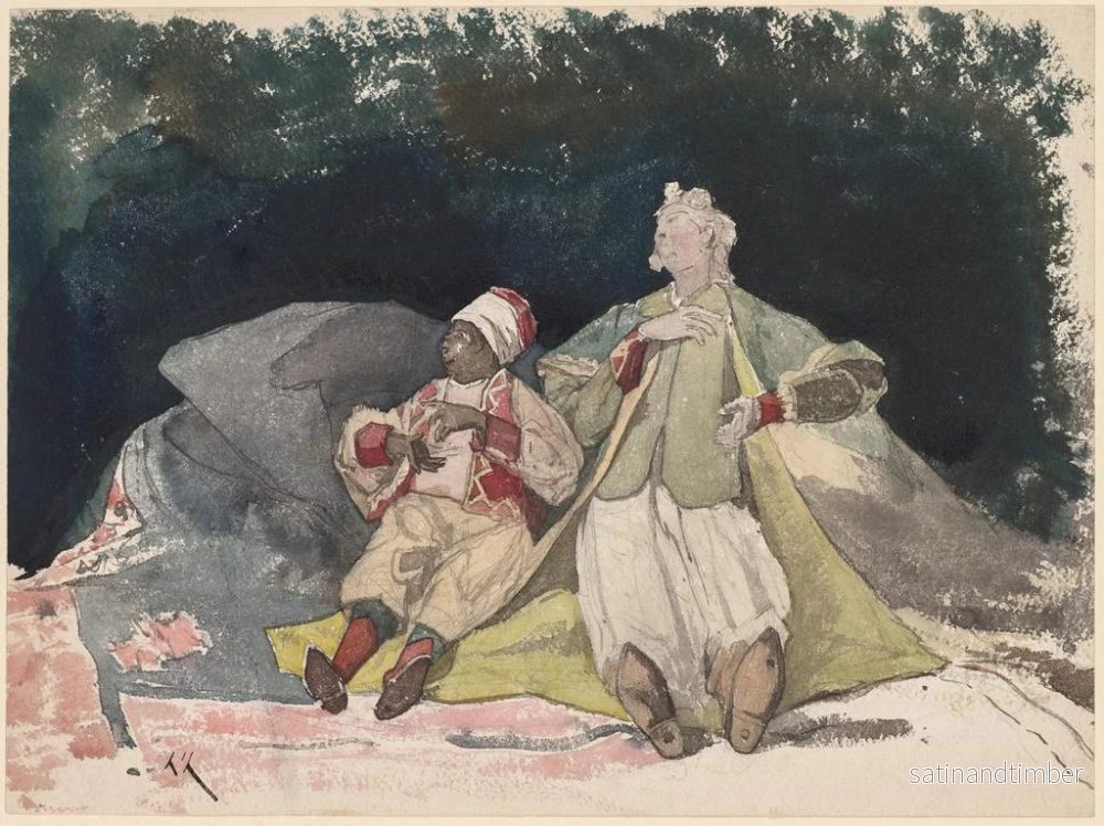 Reproduktion av målningen av två dockor eller marionetter sittande på kuddar - Henri-Joseph Harpignies - Bild 2