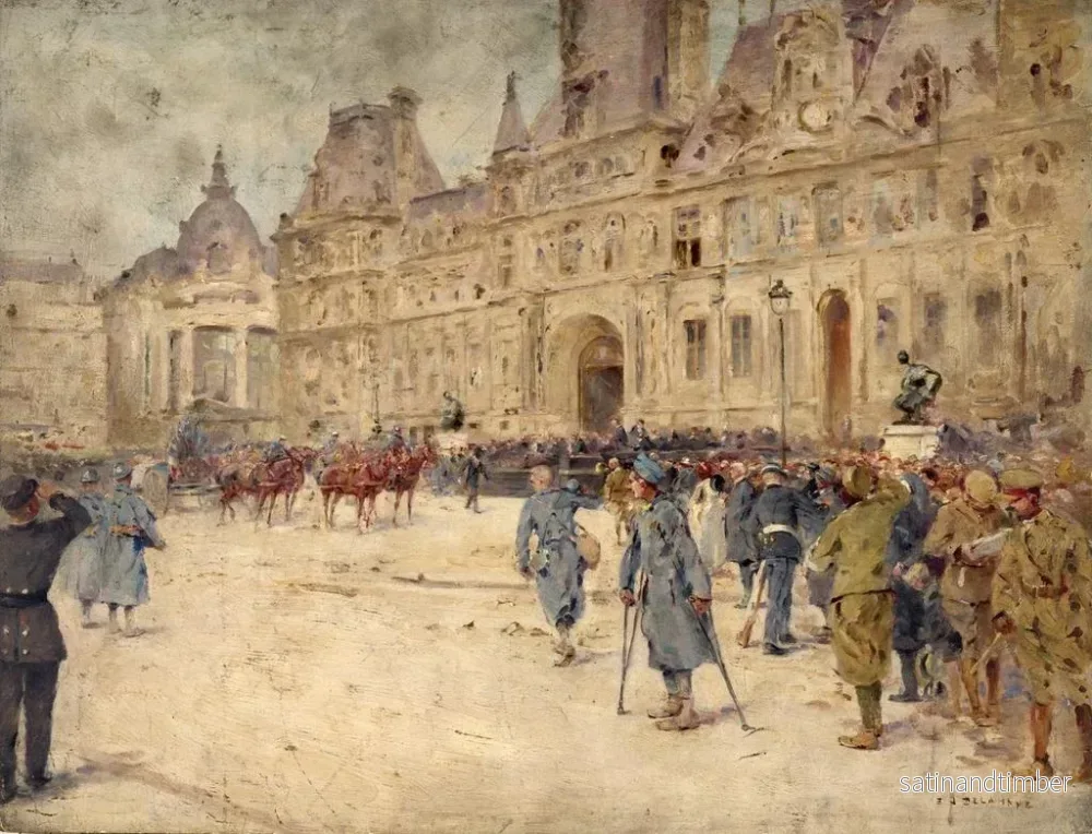 Reproduktion av målningen Les mutins assistent aux obsèques du général Gallini sur la place de l'Hôtel de Ville, 1er juin 1916 - Ernest Jean Delahaye - Bild 2