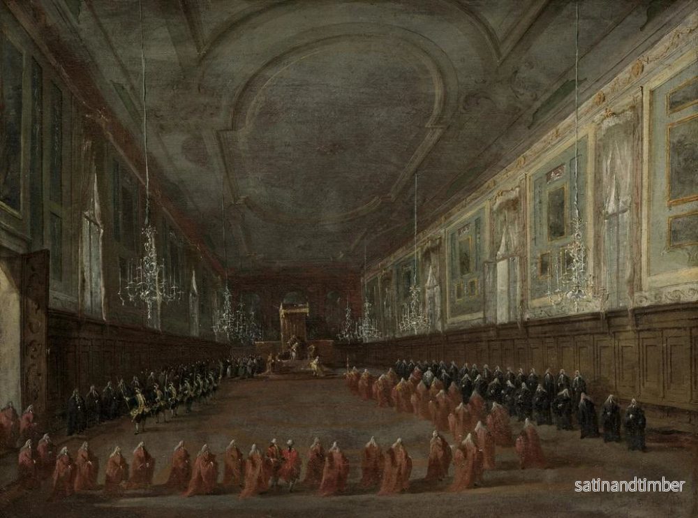 Reproduktion av målningen av påven Pius VI som lämnar tronen för att ta farväl av dogen i SS Giovanni e Paolo-salen 1782 - Francesco Guardi - Bild 2