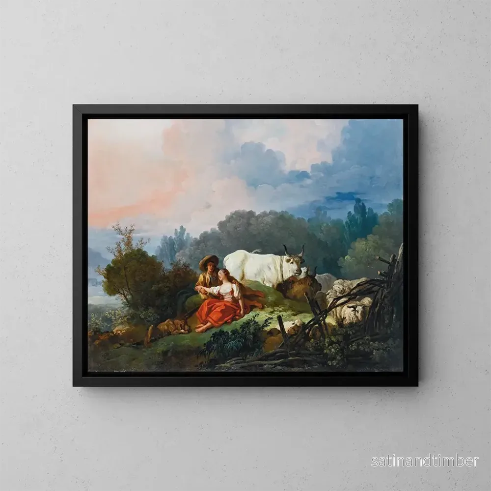 Reproduktion av målningen landskapslandskap med en herde och en herdinna vila - Jean-Honoré Fragonard