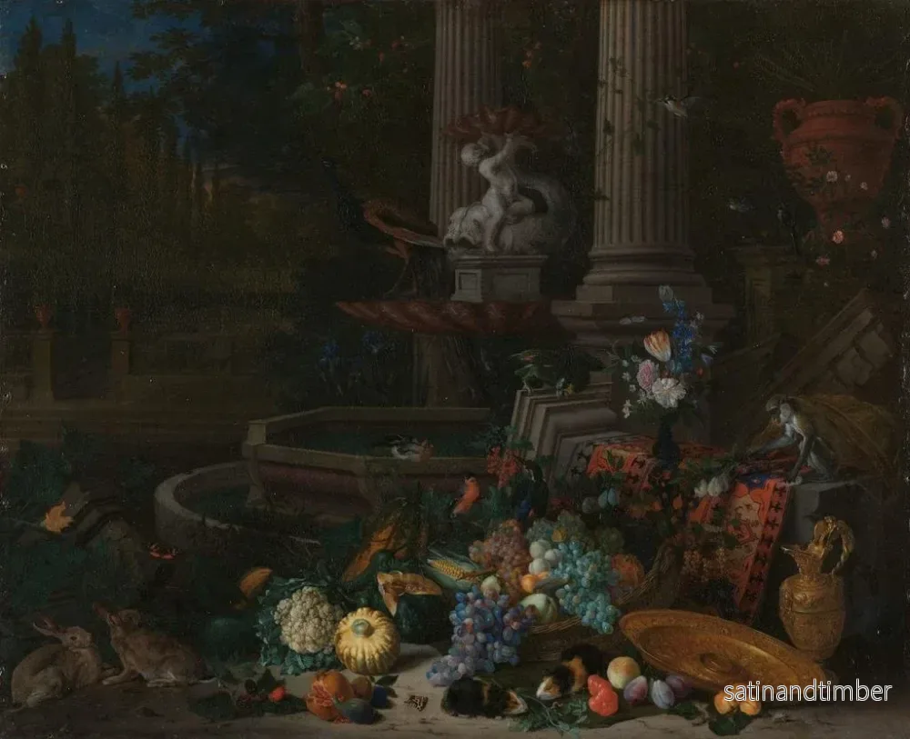 Reproduktion av målningen av still life med grönsaker framför en upp-och-nedvänd draperad piedestal nära en ornamenterad fontän - Peeter Gijsels - Bild 2