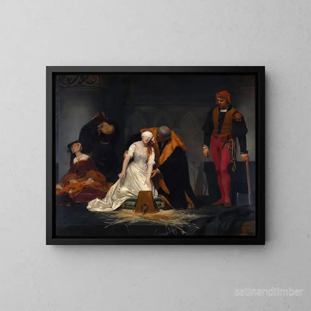 Reproduktion av målningen Långt Konsttryck av Lady Jane Grey:s avrättning vid Tower of London 1554 - Paul Delaroche