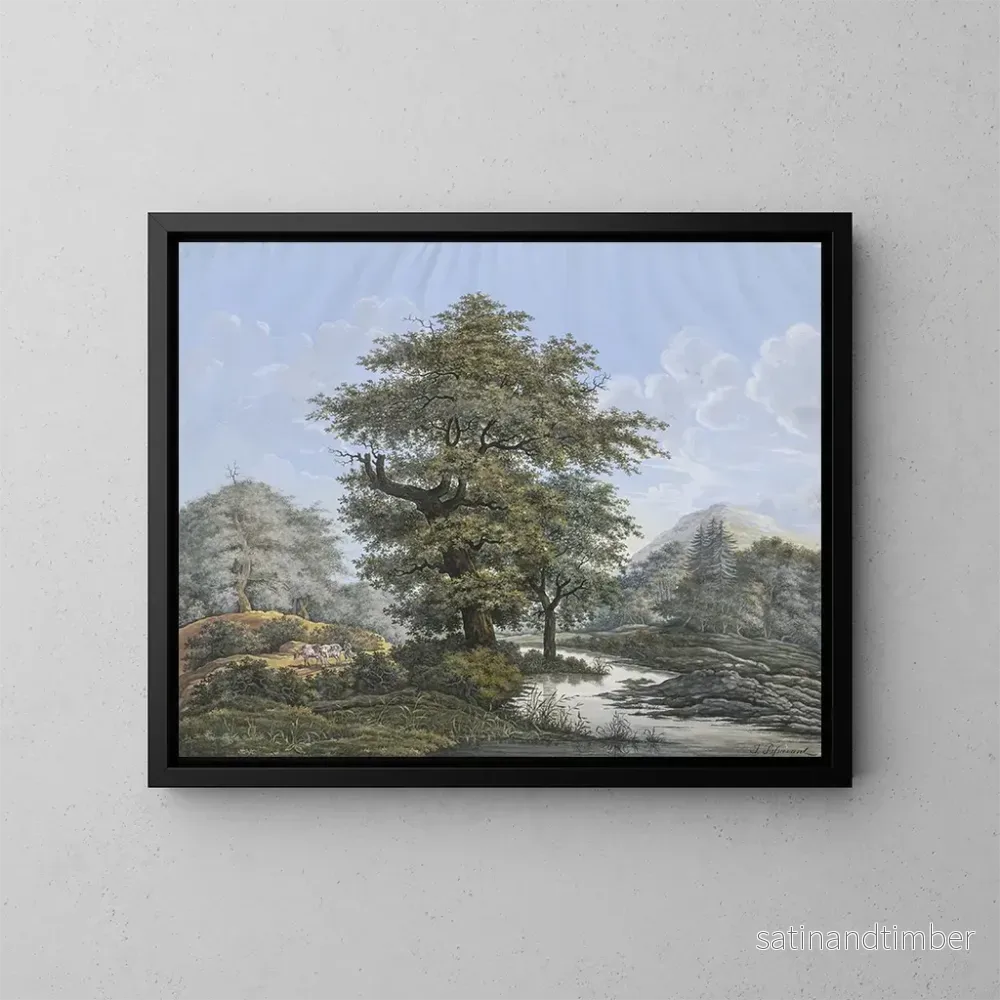 Reproduktion av målningen av ett skogigt landskap med en ek vid en flod - Johann David Passavant